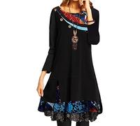 TangDao Damen Chiffon bedrucktes Loses Kleid elegant Langarm für Frühling und Herbst (Schwarz mit Spitze, M)