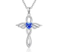 TANGPOET Engelsflügel Halskette für Frauen 925 Sterling Silber Schutzengel Anhänger, Herz Kreuz Kette, September Saphir Geburtsstein Schmuck, Geburtstagsgeschenke für sie