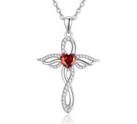 TANGPOET Engelsflügel Halskette für Frauen 925 Sterling Silber Schutzengel Anhänger, Herz Kreuz Kette, Januar Granat Geburtsstein Schmuck, Geburtstagsgeschenke für sie