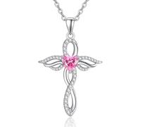 TANGPOET Engelsflügel Halskette für Frauen 925 Sterling Silber Schutzengel Anhänger, Herz Kreuz Kette, Oktober Rosa Turmalin Geburtsstein Schmuck, Geburtstagsgeschenke für sie