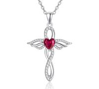 TANGPOET Engelsflügel Halskette für Frauen 925 Sterling Silber Schutzengel Anhänger, Herz Kreuz Kette, Juli Rubin Geburtsstein Schmuck, Geburtstagsgeschenke für sie