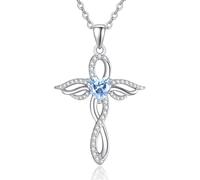 TANGPOET Engelsflügel Halskette für Frauen 925 Sterling Silber Schutzengel Anhänger, Herz Kreuz Kette, März Aquamarin Geburtsstein Schmuck, Geburtstagsgeschenke für sie