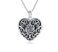 TANGPOET Medaillon Halskette 925 Sterling Silber Herz Rose Blume Anhänger Amulett zum öffnen für Bilder Foto Halskette Weihnachten Hochzeit Jahrestag Schmuck Geschenke für Frauen