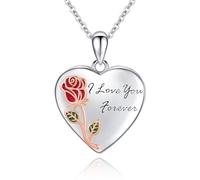 TANGPOET Medaillon Halskette für Frauen 925 Sterling Silber Herz Medaillon Rose Blume Bild Foto Anhänger Gedenkgeschenke Valentinstag Schmuck für Mama Tochter Oma Familie