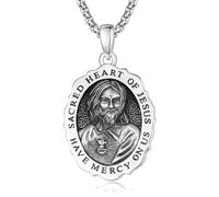 TANGPOET Sacred Heart of Jesus Medal Pendant Necklace for Men, 925 Sterling Silver Catholic Religious Christian Jewellery Gifts for Christmas Birthday