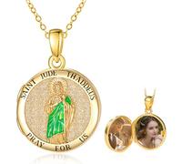 TANGPOET Saint Jude Locket Necklace for Women 925 Sterling Silver Gold Plated St Jude Round Photo Lockets 2 Pictures Necklace Catholic Christian Religious Jewellery Gift