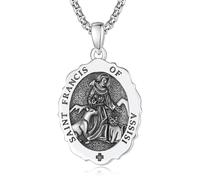 TANGPOET St Francis Of Assisi Medal Pendant Necklace For Men, 925 Sterling Silver Patron Saint of Animals, Catholic Religious Jewellery Protection Gifts For Pet Lovers Owners for Christmas Birthday