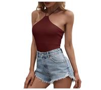Tank Top Damen 2024 Rückenfreies Shirt Neckholder zum Schnüren Oberteile Einfarbig Shirt Tops Sexy Y2k Top Ärmellos T Shirt Party Cami Tops Slim Fit Crop Top Damen Outfit(#B Deep Red,M)