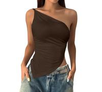 Tank Top Damen Ärmellos 2026 Tops Ärmellose One-Shoulder Fit Shirts Geraffte Strick Asymmetrische Bluse Lang Kurz Locker Sommer T-Shirt Baumwolle Tshirt T-Shirts Und Tanktops Für Damentops Kaffee L