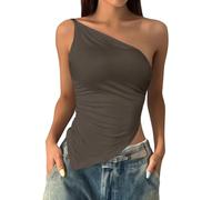 Tank Top Damen Ärmellos 2026 Tops Ärmellose One-Shoulder Fit Shirts Geraffte Strick Asymmetrische Bluse Lang Kurz Locker Sommer T-Shirt Baumwolle Tshirt T-Shirts Und Tanktops Für Damentops Braun XL