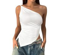 Tank Top Damen Ärmellos 2026 Tops Ärmellose One-Shoulder Fit Shirts Geraffte Strick Asymmetrische Bluse Lang Kurz Locker Sommer T-Shirt Baumwolle Tshirt T-Shirts Und Tanktops Für Damentops Weiß S
