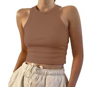 Tank Top Damen Ärmellos Farboberteil Solides Damen-Tanktop Kurze Weste Mit Rundhalsausschnitt Damenbluse Trägershirt Tops Sommer Elegant Tanktop Locker Blusentop Oberteil Shirt Große Größen Khaki L