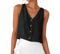 Tank Top Damen Ärmellos Leinen V Ausschnitt Oberteile Kurz Elegant Tops Shirts Baumwolle Einfarbig T Basic Blusentop Musselin Tanktops Trägertop Tanktop Blusentops Sommer Sleeveless Women Für Schwarz