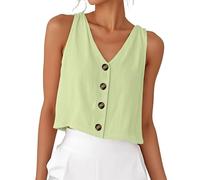 Tank Top Damen Ärmellos Leinen V Ausschnitt Oberteile Kurz Elegant Tops Shirts Baumwolle Einfarbig T Basic Blusentop Musselin Tanktops Trägertop Tanktop Blusentops Sommer Sleeveless Women Für