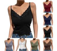 Tank Top Damen Schwarz Sexy, Spitzentop Damen V Ausschnitt Trägertop Elegant Sommertop Ärmellose Camisole-Tops Einfarbig Spaghettiträger Y2K Unterhemd Party Top Casual Unterziehshirt Festliche Blusen