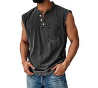 Tank Top Herren Muskelshirts Knopfleiste V Ausschnitt Sport Tshirt Sommer Ärmellos Unterhemden Muscle Shirts Gym Funktionsshirt Achselshirts Lässig Strand Top mit Brusttasche(#B Black,XXL)