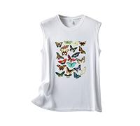 Tank Tops Für Damen Ärmellose Casual Rundhals Ärmellos Einfarbig Schmetterlingsdruck Lose Weste Ärmelloses Shirt Sleeveless Top Women Tshirt Baumwolle T-Shirts Blusen Große Größen Sommertop Sexy Weiß