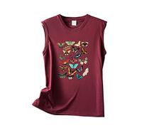 Tank Tops Für Damen Ärmellose Casual Rundhals Ärmellos Einfarbig Schmetterlingsdruck Lose Weste Ärmelloses Shirt Sleeveless Top Women Tshirt Baumwolle T-Shirts Blusen Große Größen Sommertop Sexy Wein