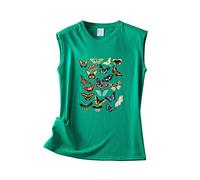 Tank Tops Für Damen Ärmellose Casual Rundhals Ärmellos Einfarbig Schmetterlingsdruck Lose Weste Ärmelloses Shirt Sleeveless Top Women Tshirt Baumwolle T-Shirts Blusen Große Größen Sommertop Sexy Grün