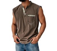 Tank Tops Herren Muskelshirt Knopfleiste V Ausschnitt Sport Tshirts Sommer Ärmellos Unterhemden Atmungsaktiv Muscle Shirts Gym Funktionsshirt Achselshirts Casual Strand Top mit Tasche(#E Brown,XL)