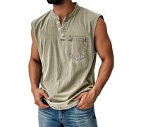Tank Tops Herren Muskelshirt Knopfleiste V Ausschnitt Sport Tshirts Sommer Ärmellos Unterhemden Atmungsaktiv Muscle Shirts Gym Funktionsshirt Achselshirts Casual Strand Top mit Tasche(#A Khaki,L)