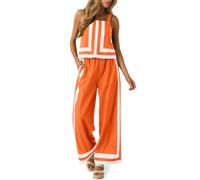 Tankaneo 2-teiliges Lounge-Set für Damen, Sommer, lässig, Farbblock, Cami-Top, weites Bein, Hose, Strandurlaub-Outfits, Orange/Abendrot im Zickzackmuster (Sunset Chevron), L