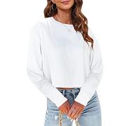 Tankaneo Damen Langarm-Crop-Top, lockere Passform, Bauchfreies T-Shirt 2025, Rundhalsausschnitt, Freizeithemden, 01-weiß, Klein