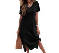 Tankaneo Damen T Shirt Freizeit Kleider Kurzarm V-Ausschnitt Sommerkleid Casual Maxi Nachthemd Schlafshirt Lose Seite Schlitz Lang Tshirt Kleid mit Taschen Schwarz XL