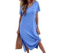 Tankaneo Damen T Shirt Freizeit Kleider Kurzarm V-Ausschnitt Sommerkleid Casual Maxi Nachthemd Schlafshirt Lose Seite Schlitz Lang Tshirt Kleid mit Taschen Blau XL
