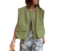 Tankaneo Lässige Damen-Weste, mit Reißverschluss, Übergröße, gerüschter Saum, ärmellos, Blazer, Grün (Army Green), S