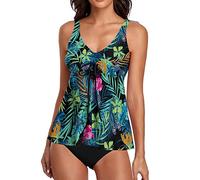 Tankini Damen Bauchweg Tankini Damen mit Shorts Zweiteilig Badeanzug Damen Große Größen Blumenmuster Flowy Tank Top und Taillenslips Schwarz Bademode Strandmode Tankinis Badeanzüge für Frauen
