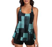 Tankini Damen Bauchweg - Tankini Damen mit Shorts Zweiteilig Badeanzug Geometrischer Druck Doppelgurte Tank Top und Badeshorts High Waist Bademode Tankinis Set Badeanzüge für Damen