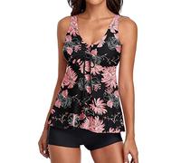 Tankini Damen Bauchweg - Tankini Damen mit Shorts Zweiteilig Badeanzug Sexy Blumen Drucken Tank Top und Badeshorts Bademode Große Größen Strandmode Tankinis Set Badeanzüge für Damen