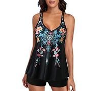 Tankini Damen Bauchweg - Tankini Damen mit Shorts Zweiteilig Badeanzug Vintage Blumen Drucken Doppelgurte Tank Top und Badeshorts Bademode High Waist Tankinis Set Badeanzüge für Damen