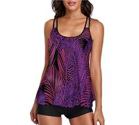 Tankini Damen Bauchweg - Tankini Damen mit Shorts Zweiteilig Badeanzug Vintage Blumenmuster Doppelte Träger Tank Top und Badeshorts Bademode Schwimmanzug Tankinis Badeanzüge für Damen