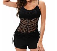 Tankini Damen Bauchweg, Tankini Set Damen Zweiteiliger Badeanzug Sexy Push Up Bademode Mädchen Strandmode Badeanzüge Drucken Mesh Tank Top mit High Waist Badeshort Große Größen Beachwear