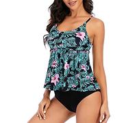 Tankini Damen Bauchweg - Träger Tankini Damen mit Shorts Zweiteilig Badeanzug Sexy Push Up Vintage Drucken Rüschen Oberteile und Bikinislip High Waist Bademode Tankinis Set Badeanzüge für Damen