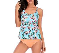 Tankini Damen Bauchweg - Träger Tankini Damen mit Shorts Zweiteilig Badeanzug Sexy Push Up Vintage Drucken Rüschen Oberteile und Bikinislip High Waist Bademode Tankinis Set Badeanzüge für Damen