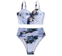 Tankini Damen Bauchweg Zweiteilig Badeanzug,Zweiteilig Badeanzug High Waist Crossover V-Ausschnitt Oberteil Bademode Swimsuit Blumenmuster Bikini-Sets Leicht Farbblock Bademode für Frauen