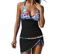 Tankini Damen mit Rock Tankini Damen Bauchweg Zweiteilig Badeanzug Damen Sexy Drucken Träger Badekleider und Drawstring Schwimmrock Bademode Strandmode Tankinis Set Badeanzüge für Frauen