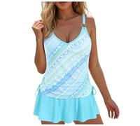 Tankini Damen Set Große Größen Bauchweg Badeanzug Rüschen Volant Badekleid Tankinis Set High Waist Zweiteilige Badeanzüge Push Up Tankini Oberteil mit Badeshorts Bademoden Damen 3 (Light Blue, S)