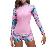 Tankinis Damen Langarm UPF 50+ UV Schutz Zweiteiler Badeanzug Schwimmanzug Slim Fit Sonnenschutz Bademode Shirt und Shorts Blume Schwimmshirt Tankini Frauen Rashguard Kurz Surfanzug