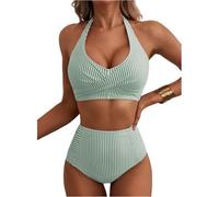 Tankinis für Damen Bikini high Waist Damen Bauchweg Neckholder Twist Front Gestreift Verstellbare Träger Bademode Zweiteiliger Strandmode Green XL