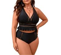 Tankinis für Damen Bikini hoch tailliert Bauchweg Plus Size V Ausschnitt Rüschen Netzstoff Verstellbare Träger Hose Einfarbig Strandbekleidung Black 4XL