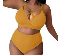 Tankinis für Damen high Waist Bikini Bauchweg V Ausschnitt Gerippt Vorne Gekreuzt Einfarbig Verstellbare Träger Zweiteiliger Swimwear Ginger XL