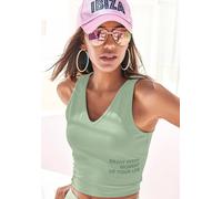 Tanktop BUFFALO, Damen, Gr. 36/38, grün (jade), Single Jersey, Obermaterial: 95% Baumwolle, 5% Elasthan, unifarben, casual, bequem kurz, V-Ausschnitt, ohne Ärmel, Tops, mit Statement Druck (44925730-3