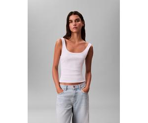 Tanktop CALVIN KLEIN JEANS "MONOGRAM SCOOP NK RIB TANK TOP", Damen, Gr. L (42), weiß (brilliant weiß), Web, Obermaterial: 95% Baumwolle, 5% Elasthan, unifarben, regular fit kurz, Rundhals, Tops Tankto