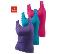 Tanktop H.I.S "mit Spitze", Damen, Gr. 32/34, bunt (lila, pink, petrol), Feinripp, Obermaterial: 100% Baumwolle, unifarben, Basic, körpernah, Rundhals, Tops Tanktop, aus reiner Baumwolle, Feinripp (73