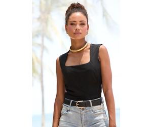 Tanktop LASCANA, Damen, Gr. 36/38, schwarz, Jersey, Obermaterial: 95% Polyester, 5% Elasthan, unifarben, figurbetont hüftlang, eckiger Ausschnitt, Tops Tanktop, aus bügelfreiem Material, elegantes Bas