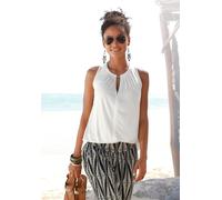 Tanktop LASCANA, Damen, Gr. 44/46, beige (creme), Jersey, Obermaterial: 100% Viskose, unifarben, figurumspielend hüftlang, V-Ausschnitt, Tops Tanktop, mit Zieraccessoire, lässiges Jerseytop, casual (7